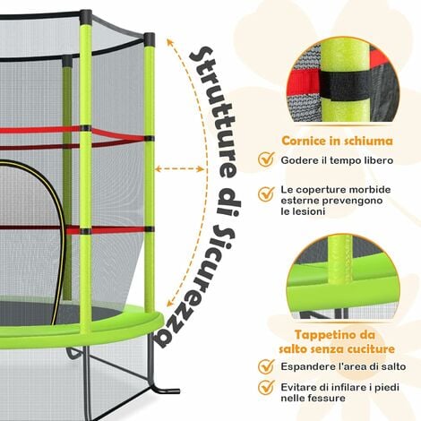 HOMCOM Tappeto Elastico per Bambini 3-6 Anni Φ140cm Rete di Protezione  Verde HOMCOM