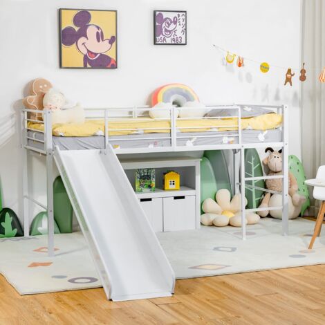 COSTWAY Letto Singolo a Soppalco, Struttura Letto con 4 Barriere di Sicurezza, Scala a 2 Gradini e Scivolo, Mini Struttura del Letto per Bambini, Capacità di Carico 150 kg (Bianco)