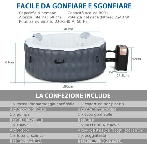 Vasca Da Bagno Gonfiabile Per Adulti CLEADONG - 120x43x43 Cm, Con Fondo A Bolle Di Massaggio, In PVC
