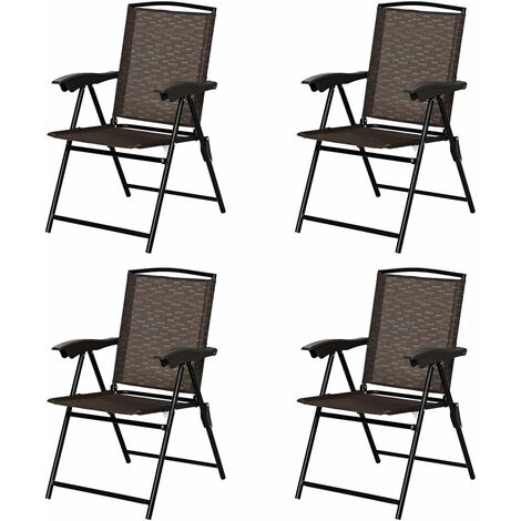COSTWAY Set di 4 Sedie Pieghevoli da Esterno, con Schienale a Fasce Altezza Regolabile e Braccioli, Ideale per Cortile, Piscina e Giardino, Marrone