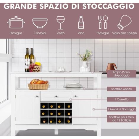 COSTWAY Credenza Moderna con Tanto Spazio, Credenza Cucina con Porta Bottiglie di Vino a Forma Incrociata, Mensola Aperta, 2 Armadietti e Cassetto, 117 x 40,5 x 82,5 cm (Bianco)