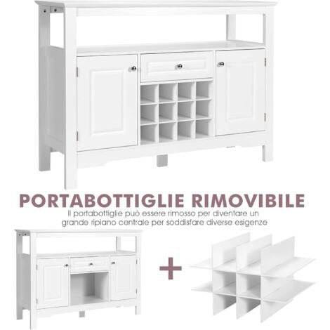 COSTWAY Credenza Moderna con Tanto Spazio, Credenza Cucina con Porta Bottiglie di Vino a Forma Incrociata, Mensola Aperta, 2 Armadietti e Cassetto, 117 x 40,5 x 82,5 cm (Bianco)