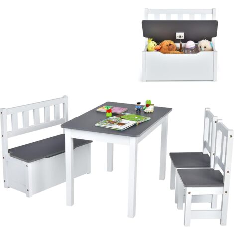 COSTWAY Set 4 Pezzi Tavolo e Sedie per Bambini, Set Tavolo Attività di Legno 2 in 1 per Bambini con 2 Sedie e 1 Panca, Per Bambini per Giocare Disegnare Leggere e Mangiare (Grigio)
