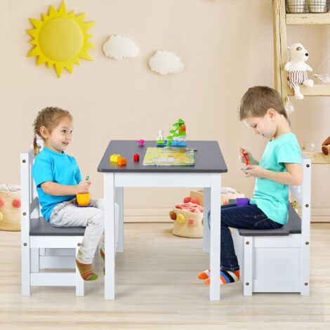 Sedie E Panchina Gioco Set Tavolo E Sedie Per Bambini COSTWAY - 4 Pezzi, Legno, Naturale, Con Panchetta Sedie E Panchetta Bambini