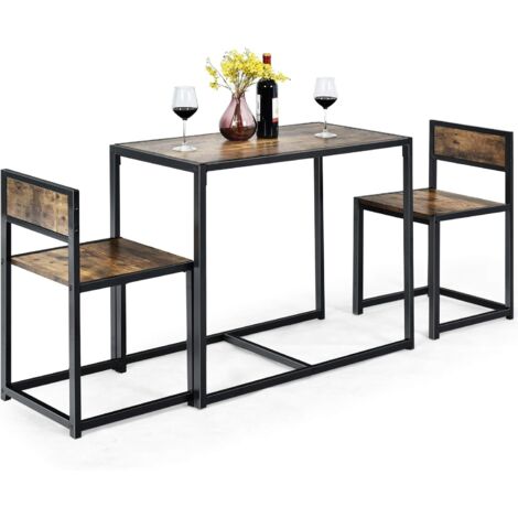 COSTWAY 3 Pezzi Set Mobili da Pranzo, con Tavolo e 2 Sedie da Cucina, Struttura di Metallo e Legno, Rustico Elegante (Nero + Marrone)