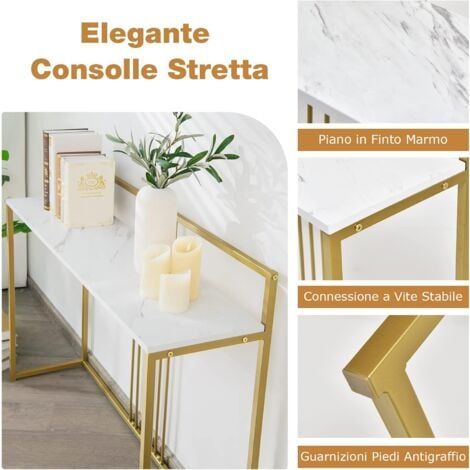 COSTWAY Tavolo Consolle 120 cm, Tavolo d’Ingresso con Piano Effetto Marmorino e Sponda, Consolle con Struttura in Metallo Dorato per Salotto, Corridoio e Ingresso (Bianco)