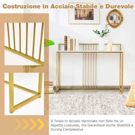 COSTWAY Tavolo Consolle 120 cm, Tavolo d’Ingresso con Piano Effetto Marmorino e Sponda, Consolle con Struttura in Metallo Dorato per Salotto, Corridoio e Ingresso (Bianco)