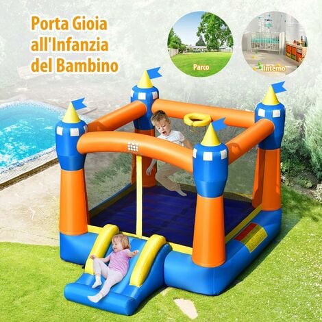 COSTWAY Castello Gonfiabile Per Bambini, Casa Gonfiabile con Grande Area per  Saltare, Scivolo e Canestro da