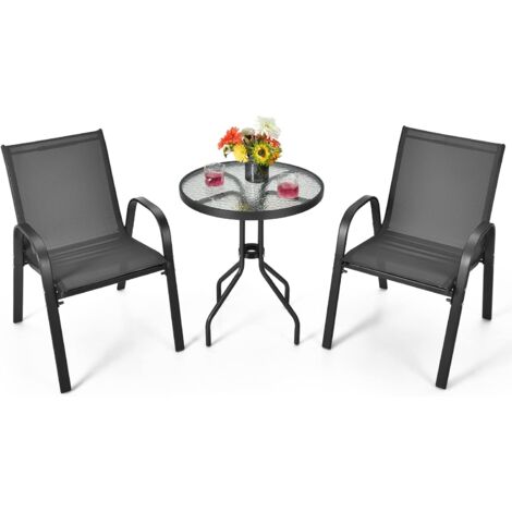 COSTWAY Tavoli con 2 Sedie da Giardino in Acciaio Antiruggine e Tessutto Traspirante, Set di Mobili da Esterno con Tavolino Rotondo in Vetro e Sedie Ergonomiche, Ideale per Balcone e Cortile