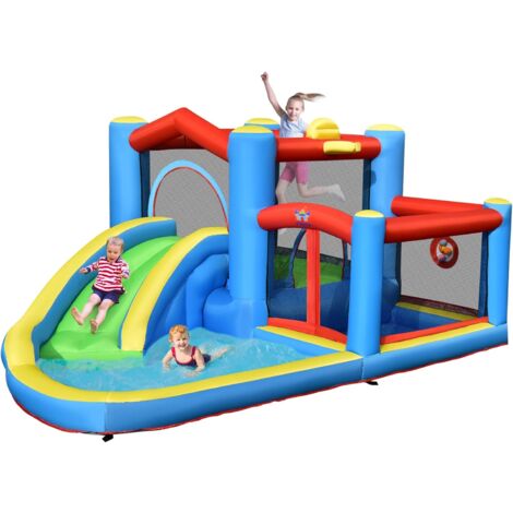 COSTWAY Castello Gonfiabile per Bambini, Casa Gonfiabile con Scivolo, Area per Saltare, Piscina, con Borsa di Trasporto e Kit di Riparazione, per 3 Bambini di 3-12 Anni, 410 x 310 x 191 cm