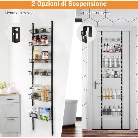 Mophorn Organizzatore per Dispensa Sopra Porta, Sistema di Stoccaggio con 6 Ripiani, Porta Spezie Sospeso in Acciaio Robusto, Ripiani Regolabili per Condimenti e Accessori, Colore Nero