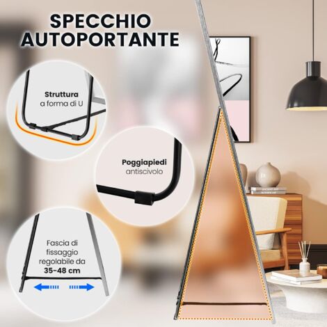 Specchio Corpo Intero Curvo 160x35 Cm | Telaio In Alluminio Nero, Base A U, HD Antisfondamento Per Camera E Spogliatoio
