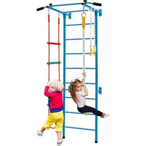 COSTWAY Set di Sbarre per Bambini, Spalliera in Acciaio da Parete per Interni, Sbarra per Trazioni, Scala a Corda, Corda e Anelli da Ginnastica per Bambini dai 3 Anni in su, 107 x 83 x 223 cm (Blu)