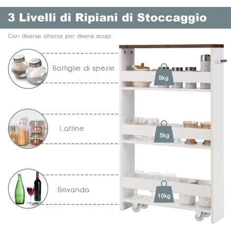 COSYWAY Carrello Portaoggetti da Cucina, Scaffale con Maniglia Laterale e Ruote, Carrello Salvaspazio con 3 Scaffali Stretti, 48x12,5x81 cm