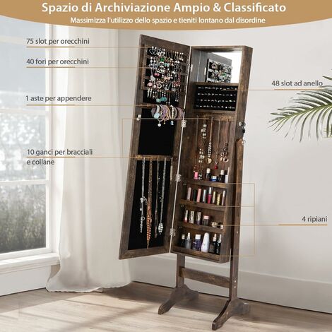 Costway Armadio Portagioie con specchio e 6 cassetti in legno Armadietto  Portagioielli da porta con 5 luci LED Marrone>