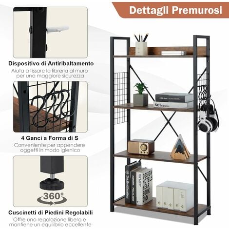 COSTWAY Libreria Industriale a 4 Livelli, Scaffale Multifunzionale con  Struttura in Metallo e Piedini Regolabili, Ideale