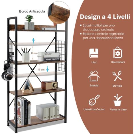 COSTWAY Libreria Aperta A 4 Ripiani, Scaffale Multiuso, Stile Moderno E Industriale 1425 X 505 X 457cmnero Bianco Nero 19591220