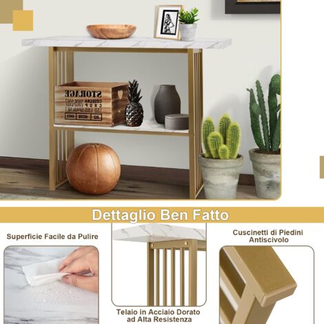 COSTWAY Tavolo da Ingresso a 2 Livelli Stretto e Compatto, Tavolo da Divano in Finto Marmo con Struttura in Acciaio, Tavolo Consolle Moderno per Salotto e Corridoio, 120 x 29,5 x 92,5 cm