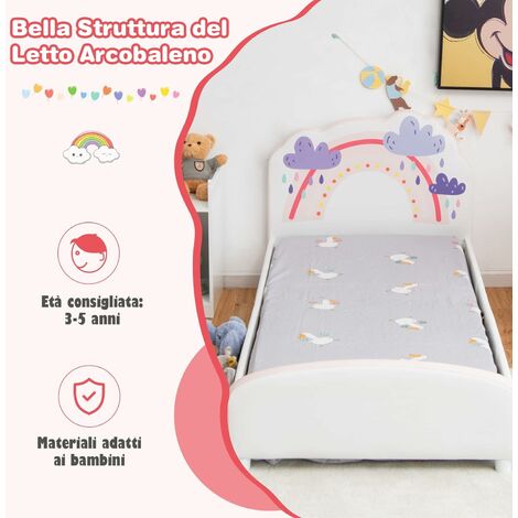 COSTWAY Letto per Bambini in Legno, con Testiera e Pediera Morbide, Piedini  Regolabili e Bordi Rialzati, Ideale per Bambini 3-5 Anni, 151 x 76 x 70 cm,  Arcobaleno