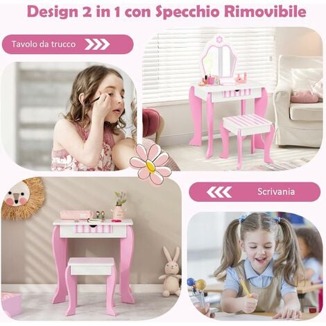 COSTWAY Set Toeletta e Sedia per Bambine - Specchio e Cassetto, Toletta  Trucco 2 in 1 con