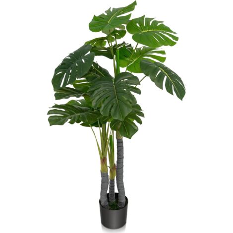 COSTWAY Albero di Filodendro Artificiale 120 cm con Supporto in Cemento, Pianta Finta Artificiale con Foglie in Plastica PE, 3 Rami e 20 Foglie, Ideale per Casa, Ufficio e Negozio