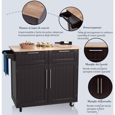 COSTWAY Carrello da Cucina, Isola da Cucina con Cassetti Portaoggetti e Armadietti, Ruote Universali e Portasciugamani, Ideale per Casa Ristorante Bar (Marrone)