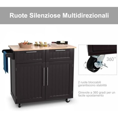 COSTWAY Carrello da Cucina, Isola da Cucina con Cassetti Portaoggetti e Armadietti, Ruote Universali e Portasciugamani, Ideale per Casa Ristorante Bar (Marrone)