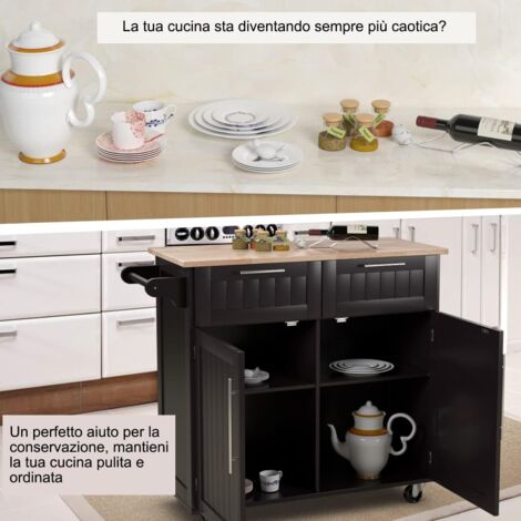 COSTWAY Carrello da Cucina, Isola da Cucina con Cassetti Portaoggetti e Armadietti, Ruote Universali e Portasciugamani, Ideale per Casa Ristorante Bar (Marrone)