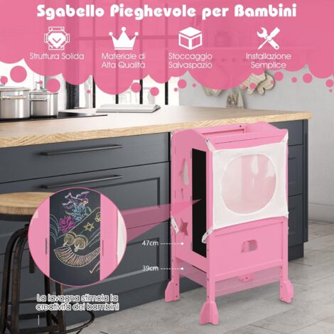 COSTWAY Sgabello da Cucina per Bambini in Legno, Torre di Apprendimento Pieghevole con Altezza Regolabile su