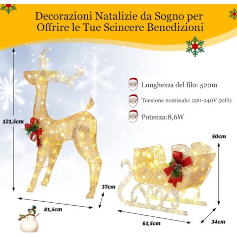 Slitta di Babbo Natale con 2 Renne Illuminata 146 LED Bianco Freddo Decorazione Natalizia per Interno e Esterno ip44