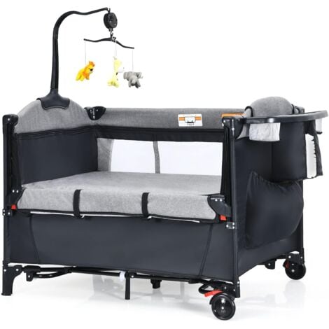 COSTWAY Culla da Campeggio 5 in 1, Co-Sleeping AItezze Regolabili, Lettino da Campeggio con Fasciatoio, Box Bambini Pieghevole e Ingresso Laterale, Giocattolo Appeso, Ruote e Freni (Nero)