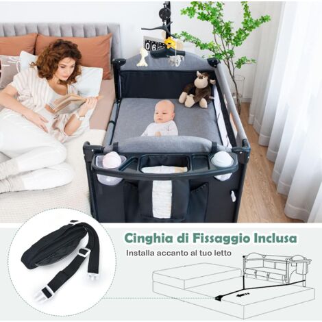 COSTWAY Culla da Campeggio 5 in 1, Co-Sleeping AItezze Regolabili, Lettino da Campeggio con Fasciatoio, Box Bambini Pieghevole e Ingresso Laterale, Giocattolo Appeso, Ruote e Freni (Nero)
