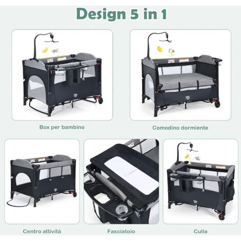 COSTWAY Culla da Campeggio 5 in 1, Co-Sleeping AItezze Regolabili, Lettino da Campeggio con Fasciatoio, Box Bambini Pieghevole e Ingresso Laterale, Giocattolo Appeso, Ruote e Freni (Nero)