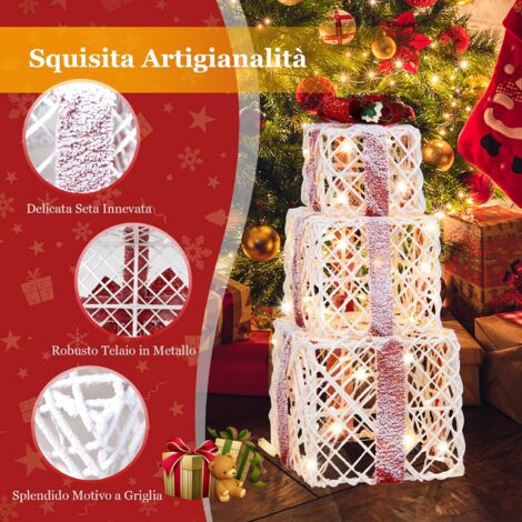 Set Di 3 Scatole Regalo Per Natale, Scatole Regalo Pre-illuminate Con 100 Luci Bianche Calde Fiocchi 30x30x30cm