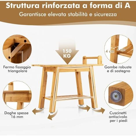 Panca da doccia in bambù con ripiano portaoggetti, Sedile spa a 2