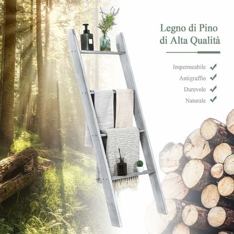 COSTWAY Scaffale di Stoccaggio in Legno di Pino, Porta Asciugamani a 4  Livelli per Bagno, Porta