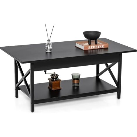 COSTWAY Tavolino da Salotto 2 Livelli, Tavolino da Caffè Industriale con Struttura in Metallo a Forma di X, Tavolino Rettangolare per Soggiorno, Studio e Ufficio, 60 x 110 x 48 cm (Nero) (1/5)