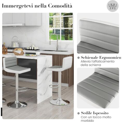 Sgabelli Da Bar Con Schienale E Poggiapiedi, Set Da 2 Pezzi Modello E, Seduta Imbottita 43x43 Cm, Altezza Regolabile 81-101 Cm, Bianco Elegante Per Cucina E Ristorante