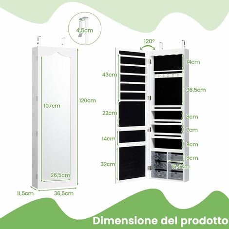 Armadio portagioie richiudibile, Organizer per tutti i tipi di gioielli  design verticale con angolo regolabile Bianco - Costway