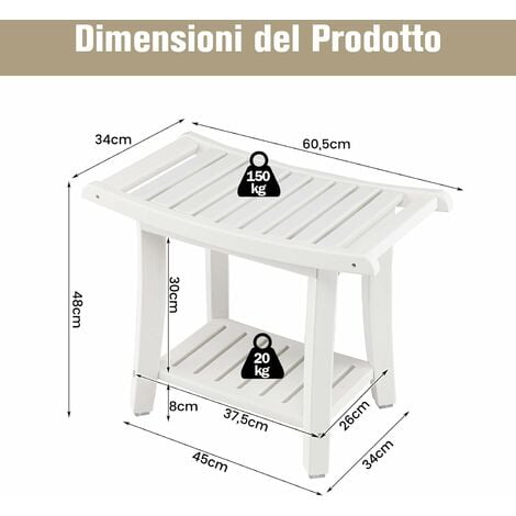 COSTWAY Panca da Doccia, Sgabello da Bagno Impermeabile con Sedile Curvo,  con Portasciugamani e Piedini Antiscivoli