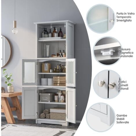 Armadio Da Bagno COSTWAY Con Vetro - 60x30x163 Cm, 2 Ante, Ripiani Regolabili, Bianco - Foto 10