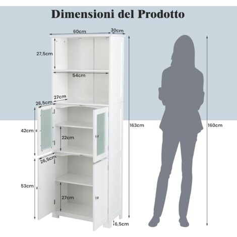 COSTWAY Armadio Da Terra Con 4 Ante - Mobile Per Bagno O Soggiorno Con Vetro, Cassetti E Ripiani Regolabili, 60x30x128cm Bianco - Foto 6