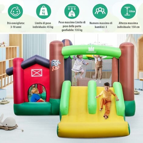 COSTWAY Castello Gonfiabile per Bambini, Casa Gonfiabile con Doppio Scivolo,  Trampolino, per 3 Bambini di 3-10 Anni, con Borsa di Trasporto e Kit di  Riparazione, 356 x 330 x 220 cm, Senza soffiatore