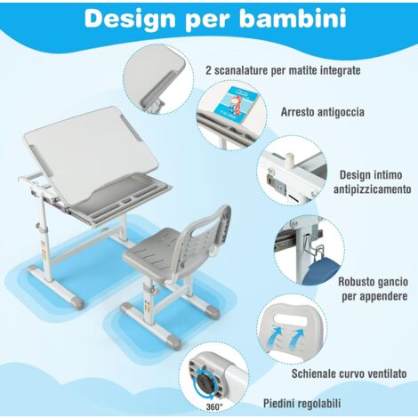 Set Scrivania E Sedia COSTWAY Per Bambini - Altezza Regolabile Con Luce LED - Scrivanietta Blù - Foto 7