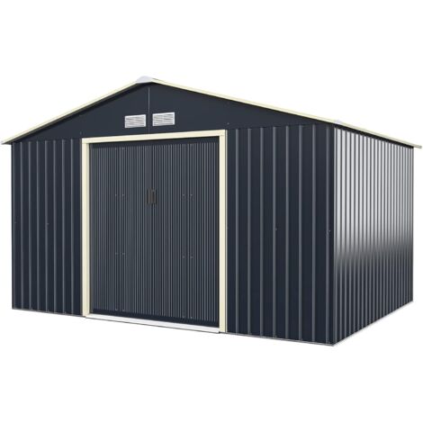 COSTWAY Casetta da Giardino Porta Attrezzi in Lamiera Acciaio Zincato, Capanno da Esterno con Tettoia, Sfilati e Ante Scorrevoli, Ideale per Cortile, Giardino e Fattoria (330 x 245 x 210 cm)