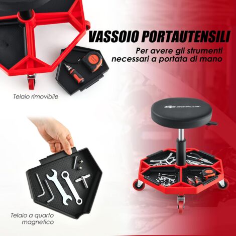 Sgabello Basso Girevole Con Ruote Lanstics - In Pelle PU Rossa, Rotondo, Portata 130 Kg