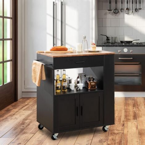 COSTWAY Carrello da Cucina con Ruote, Isola da Cucina con 3 Portaspezie 1 Cassetto Armadietto a 2 Porte, Carrello Portaoggetti con Portasciugamani, 82x46x92 cm (Nero)