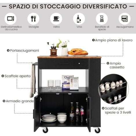 COSTWAY Carrello da Cucina con Ruote, Isola da Cucina con 3 Portaspezie 1 Cassetto Armadietto a 2 Porte, Carrello Portaoggetti con Portasciugamani, 82x46x92 cm (Nero)