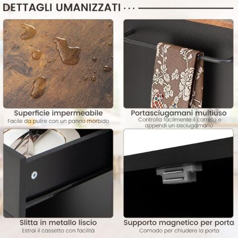 COSTWAY Carrello da Cucina con Ruote, Isola da Cucina con 3 Portaspezie 1 Cassetto Armadietto a 2 Porte, Carrello Portaoggetti con Portasciugamani, 82x46x92 cm (Nero)