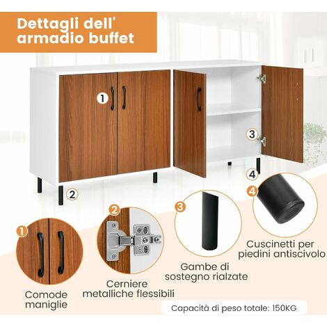 Costway Credenza buffet da cucina a 4 porte 5 gambe, Armadio di